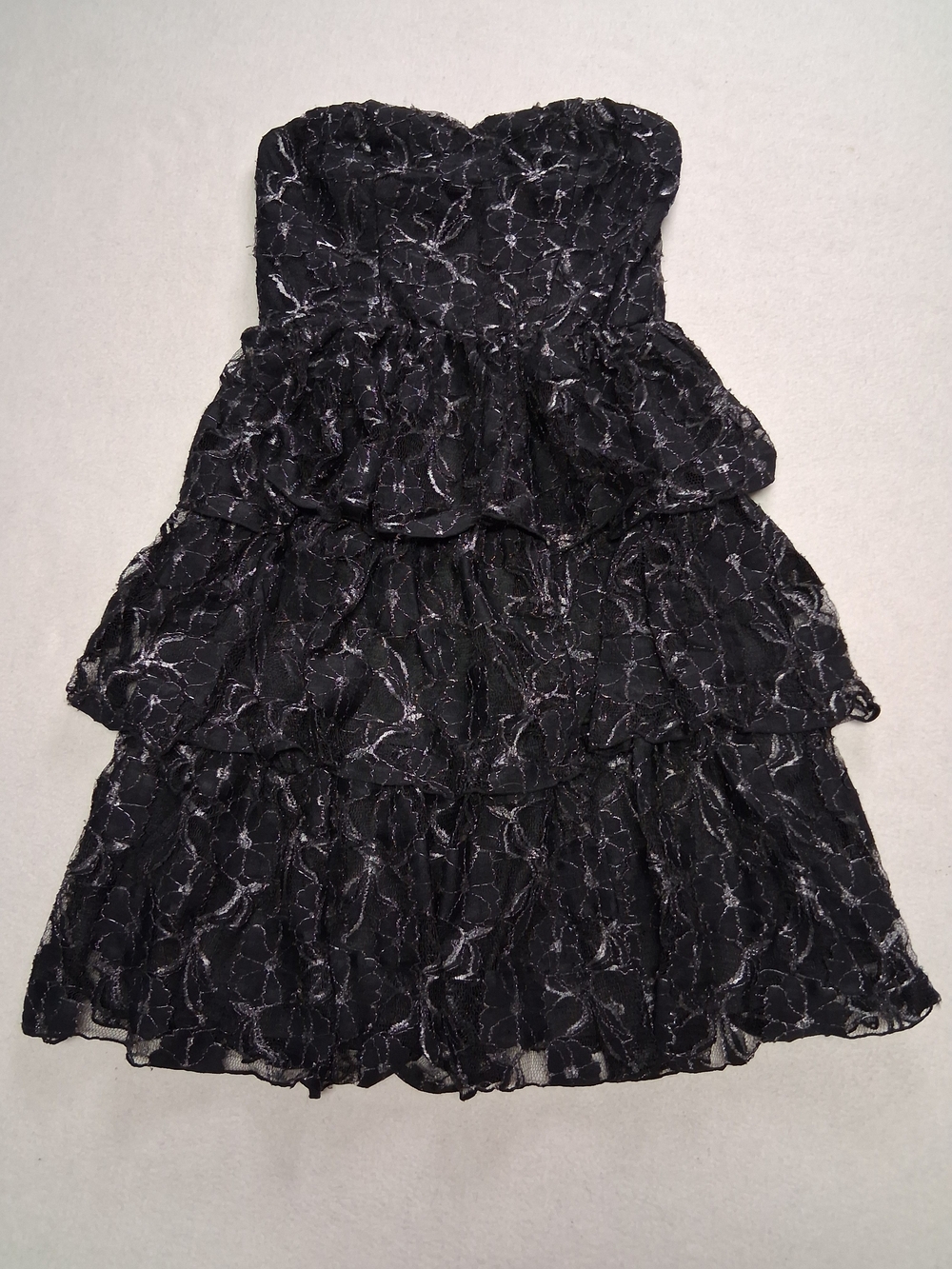Kismet Black Strapless Lace Tiered Cocktail Dress with Silver Accents